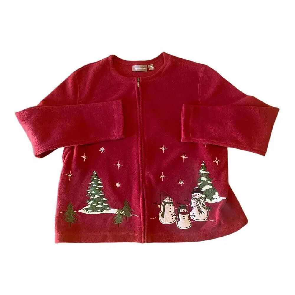 Croft Barrow Christmas Sweater Size PM Full Zip Snowmen Women Red Fleece - Picture 3 of 11